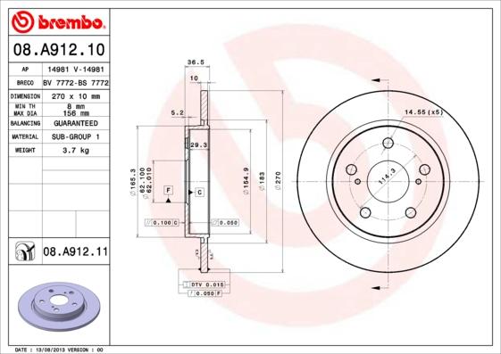 Brembo 08.A912.10 - Тормозной диск autodnr.net