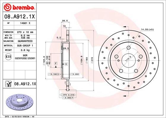 Brembo 08.A912.1X - Гальмівний диск autocars.com.ua