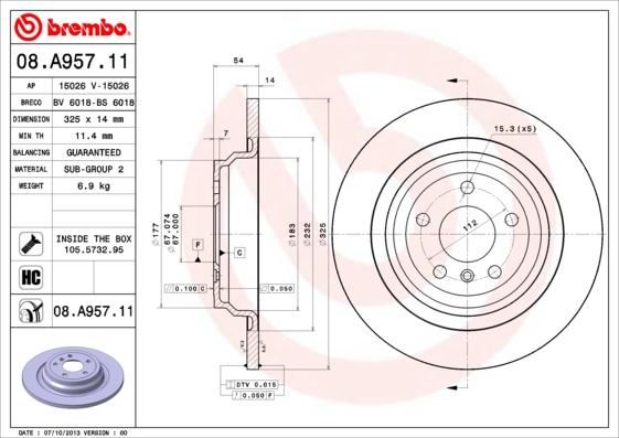 Brembo 08.A957.11 - Гальмівний диск autocars.com.ua