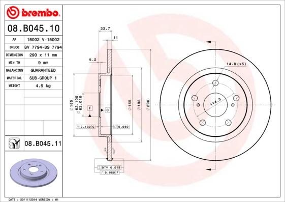 Brembo 08.B045.10 - Гальмівний диск autocars.com.ua