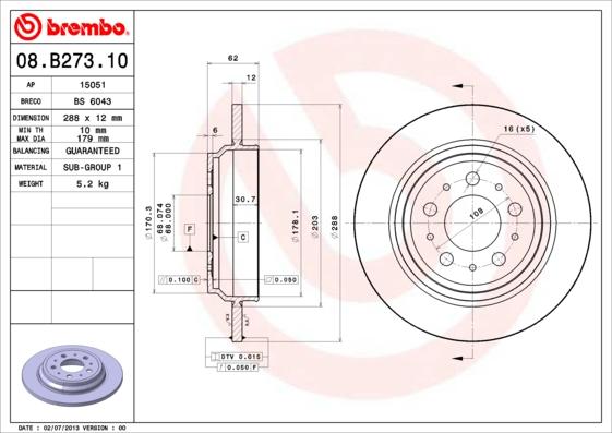 Brembo 08.B273.10 - Тормозной диск avtokuzovplus.com.ua