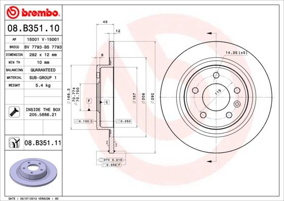 Brembo 08.B351.10 - Тормозной диск autodnr.net