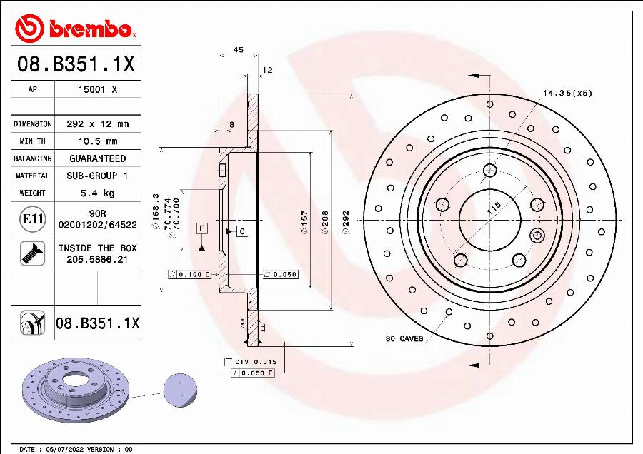 Brembo 08.B351.1X - Тормозной диск avtokuzovplus.com.ua