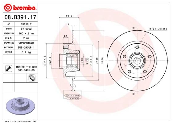 Brembo 08.B391.17 - Тормозной диск avtokuzovplus.com.ua