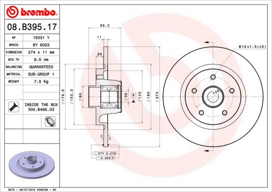 Brembo 08.B395.17 - Гальмівний диск autocars.com.ua