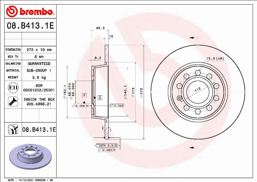 Brembo 08.B413.1E - Гальмівний диск autocars.com.ua