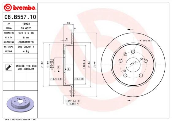 Brembo 08.B557.10 - Тормозной диск avtokuzovplus.com.ua