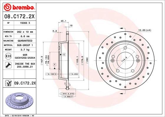 Brembo 08.C172.2X - Гальмівний диск autocars.com.ua