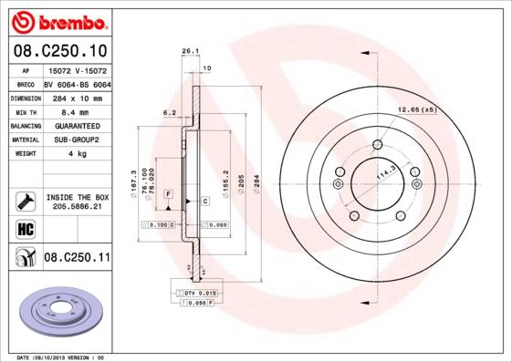 Brembo 08.C250.10 - Тормозной диск avtokuzovplus.com.ua