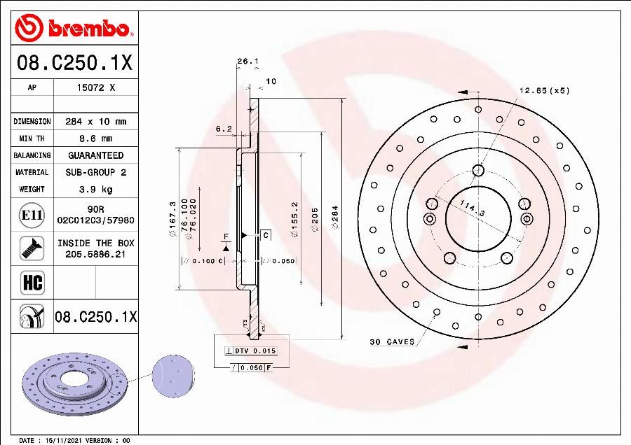 Brembo 08.C250.1X - Гальмівний диск autocars.com.ua