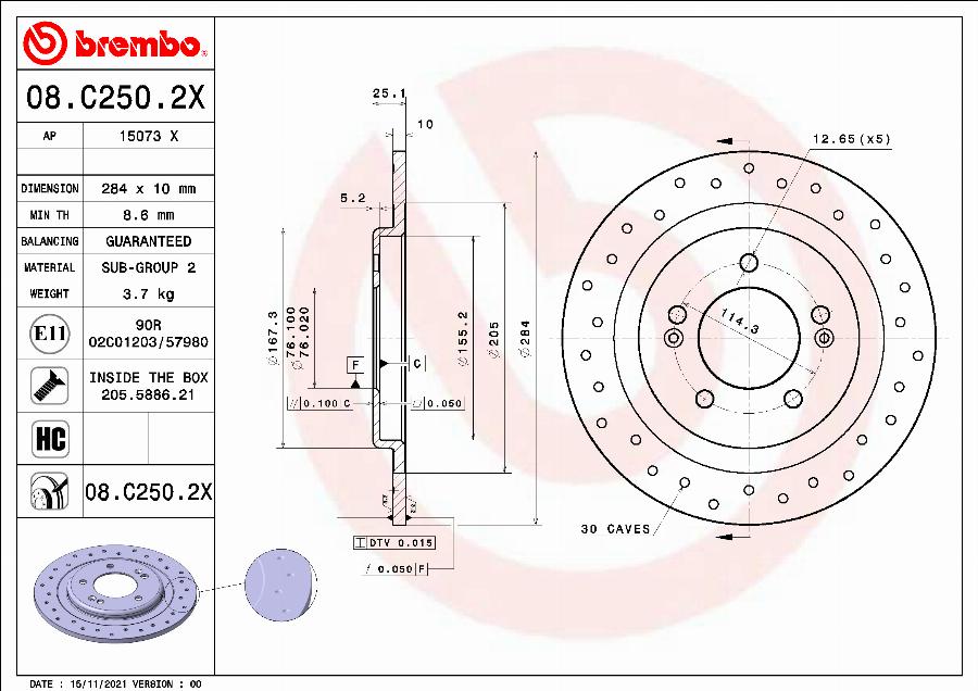 Brembo 08.C250.2X - Тормозной диск avtokuzovplus.com.ua