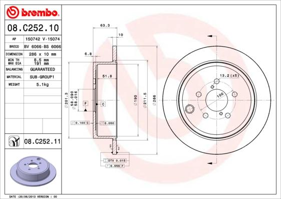 Brembo 08.C252.11 - Гальмівний диск autocars.com.ua