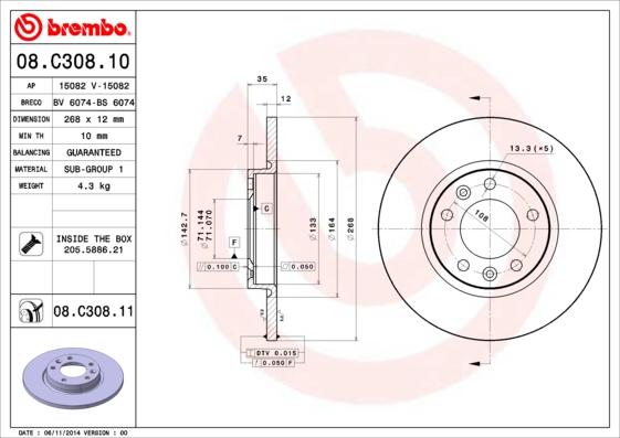 Brembo 08.C308.11 - Тормозной диск avtokuzovplus.com.ua