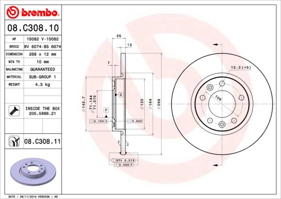 Brembo 08.C308.11 - Гальмівний диск autocars.com.ua