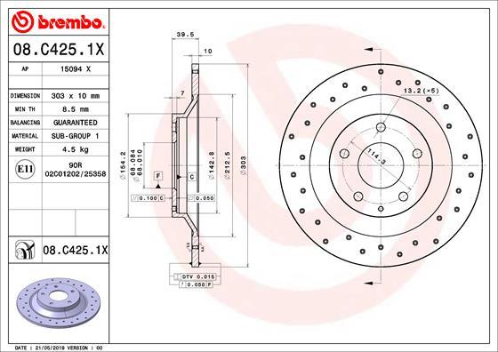 Brembo 08.C425.1X - Тормозной диск avtokuzovplus.com.ua