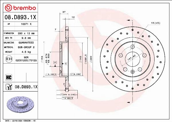 Brembo 08.D893.1X - Гальмівний диск autocars.com.ua