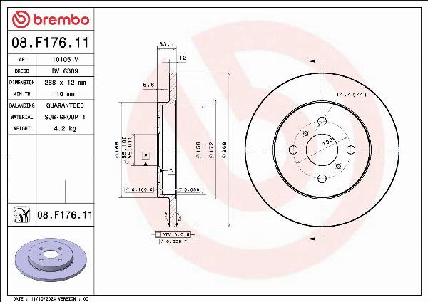 Brembo 08.F176.11 - Гальмівний диск autocars.com.ua