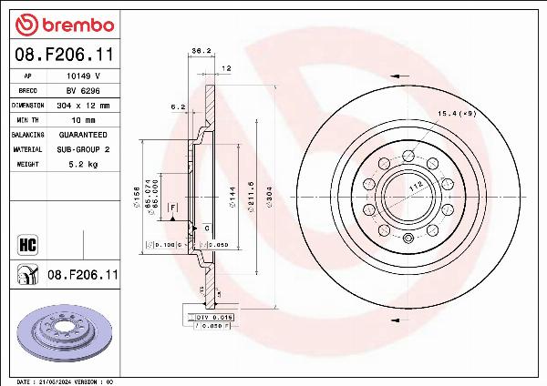 Brembo 08.F206.11 - Гальмівний диск autocars.com.ua