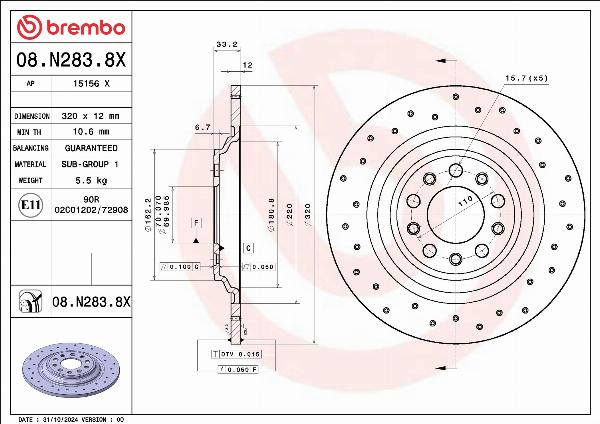 Brembo 08.N283.8X - Гальмівний диск autocars.com.ua