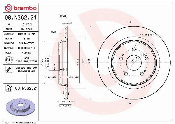 Brembo 08.N362.21 - Гальмівний диск autocars.com.ua