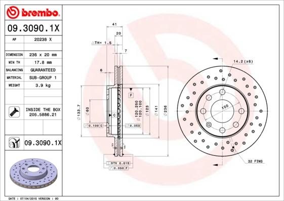 Brembo 09.3090.1X - Тормозной диск avtokuzovplus.com.ua