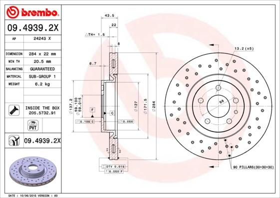 Brembo 09.4939.2X - Гальмівний диск autocars.com.ua