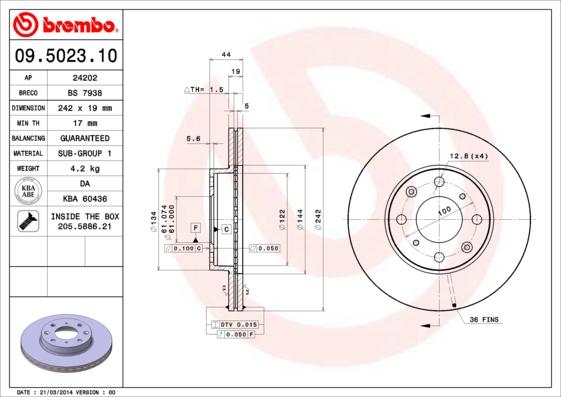 Brembo 09.5023.10 - Гальмівний диск autocars.com.ua