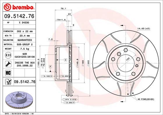 Brembo 09.5142.76 - Гальмівний диск autocars.com.ua