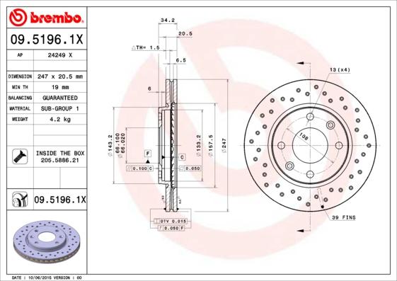Brembo 09.5196.1X - Тормозной диск autodnr.net
