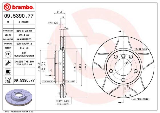 Brembo 09.5390.77 - Гальмівний диск autocars.com.ua