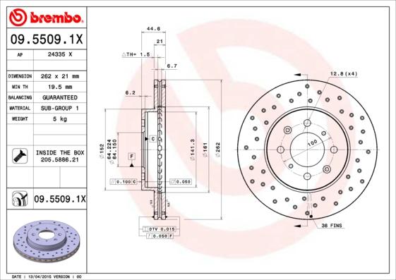 Brembo 09.5509.1X - Тормозной диск avtokuzovplus.com.ua