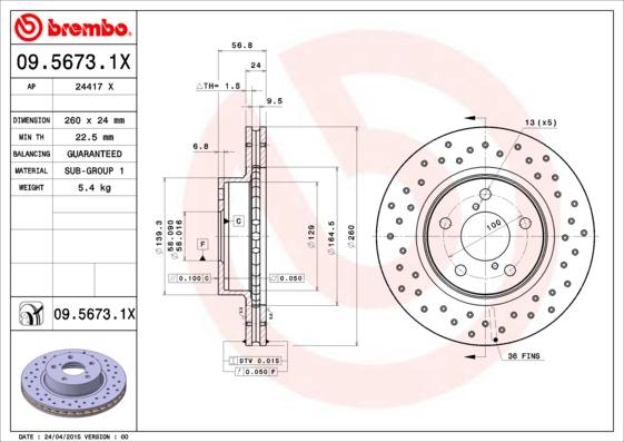 Brembo 09.5673.1X - Тормозной диск avtokuzovplus.com.ua