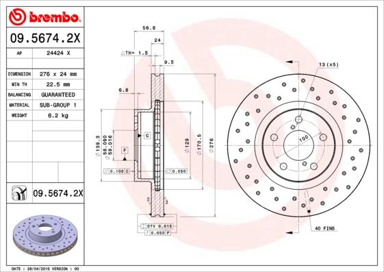 Brembo 09.5674.2X - Тормозной диск avtokuzovplus.com.ua