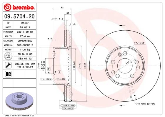 Brembo 09.5704.20 - Тормозной диск avtokuzovplus.com.ua