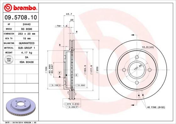 Brembo 09.5708.10 - Гальмівний диск autocars.com.ua