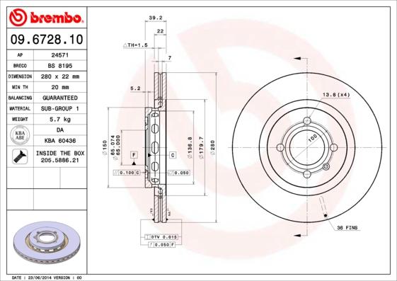 Brembo 09.6728.10 - Тормозной диск avtokuzovplus.com.ua