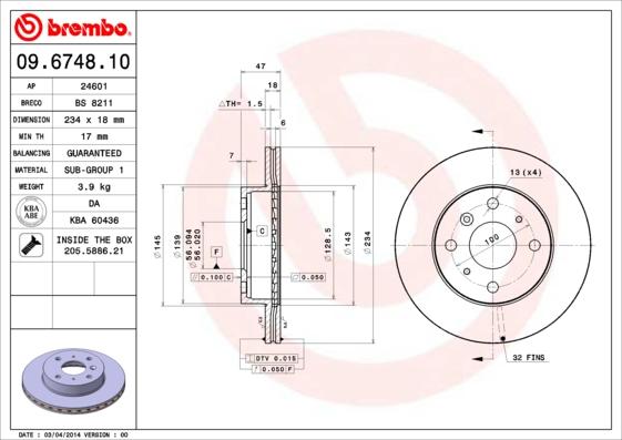 Brembo 09.6748.10 - Гальмівний диск autocars.com.ua