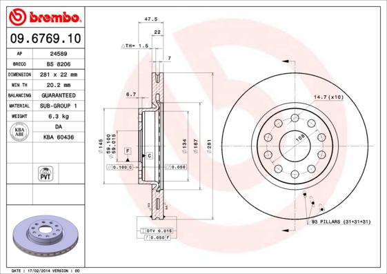 Brembo 09.6769.10 - Гальмівний диск autocars.com.ua