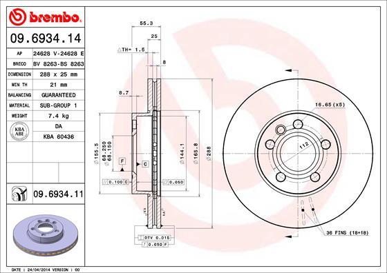 Brembo 09.6934.11 - Тормозной диск avtokuzovplus.com.ua