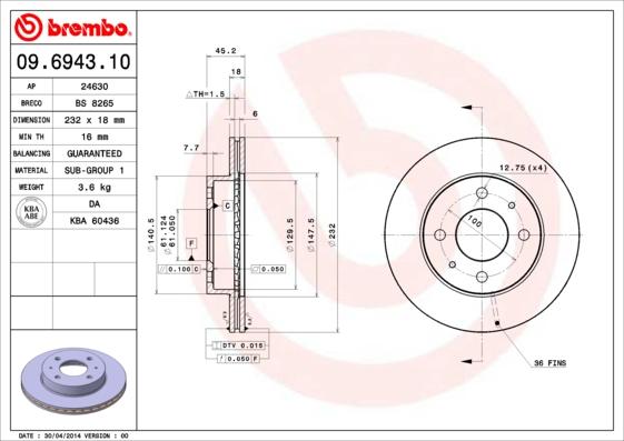 Brembo 09.6943.10 - Гальмівний диск autocars.com.ua