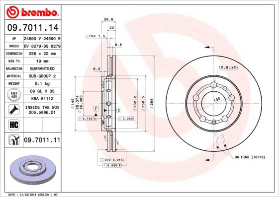 Brembo 09.7011.14 - Тормозной диск avtokuzovplus.com.ua