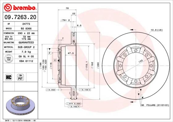 Brembo 09.7263.20 - Гальмівний диск autocars.com.ua