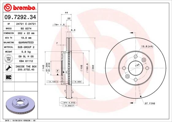 Brembo 09.7292.34 - Гальмівний диск autocars.com.ua