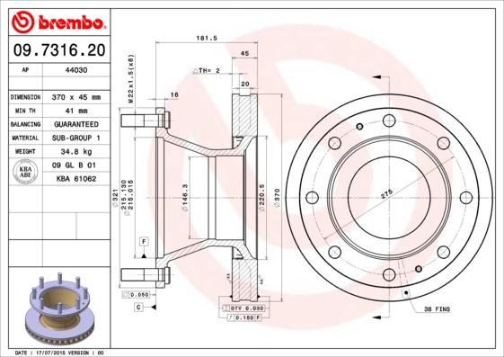 Brembo 09.7316.20 - Тормозной диск avtokuzovplus.com.ua