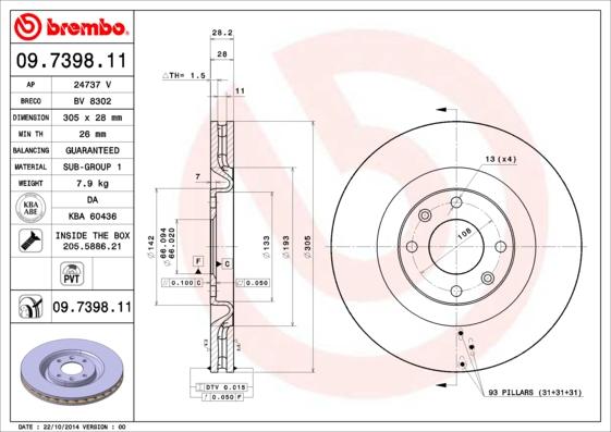 Brembo 09.7398.11 - Гальмівний диск autocars.com.ua