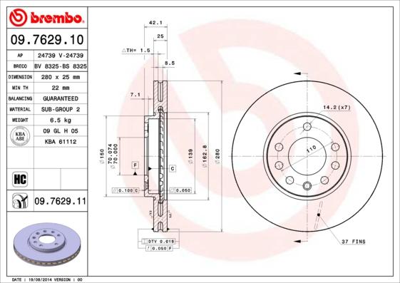 Brembo 09.7629.10 - Гальмівний диск autocars.com.ua