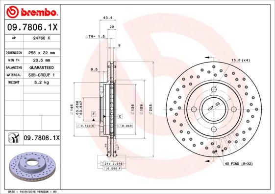 Brembo 09.7806.1X - Тормозной диск avtokuzovplus.com.ua