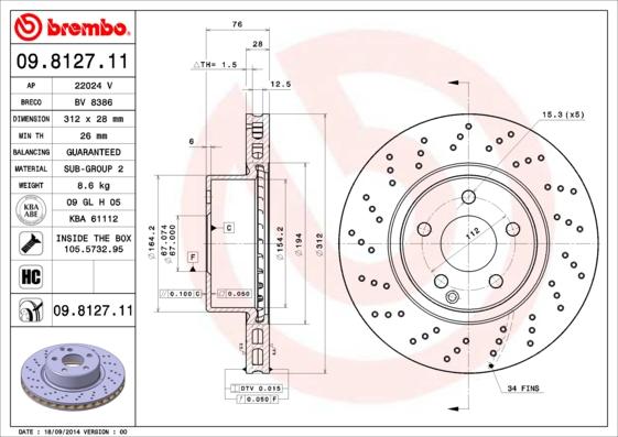 Brembo 09.8127.11 - Гальмівний диск autocars.com.ua