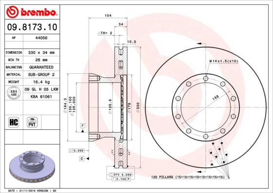 Brembo 09.8173.10 - Гальмівний диск autocars.com.ua