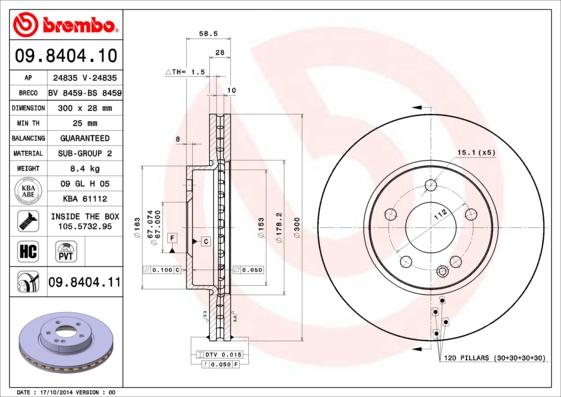 Brembo 09.8404.10 - Тормозной диск autodnr.net